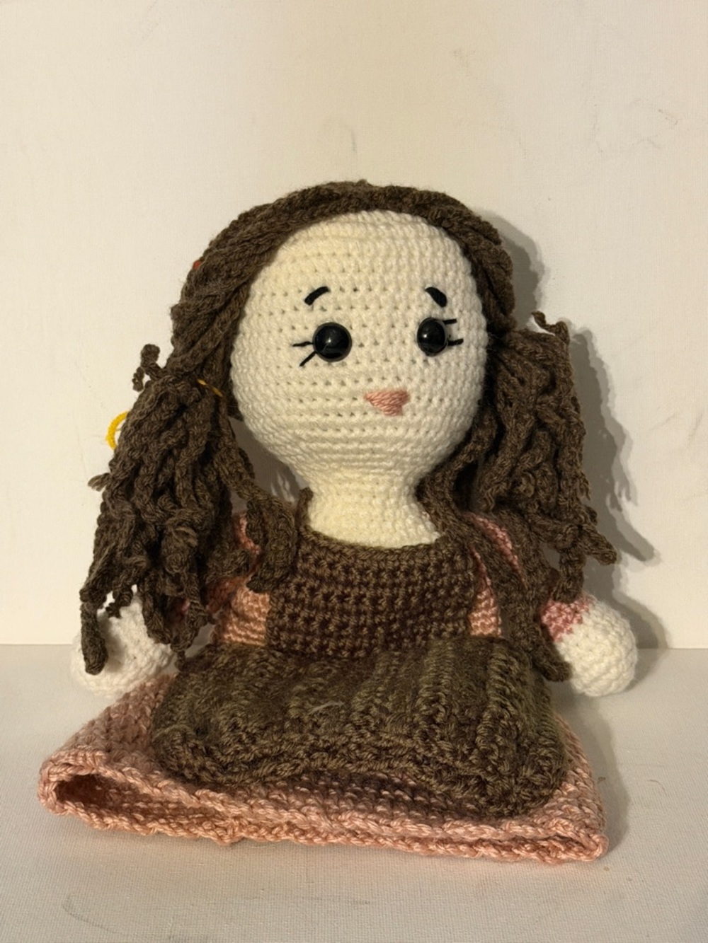 Handmade Brown & Cream Crochet Doll with Pink Dress